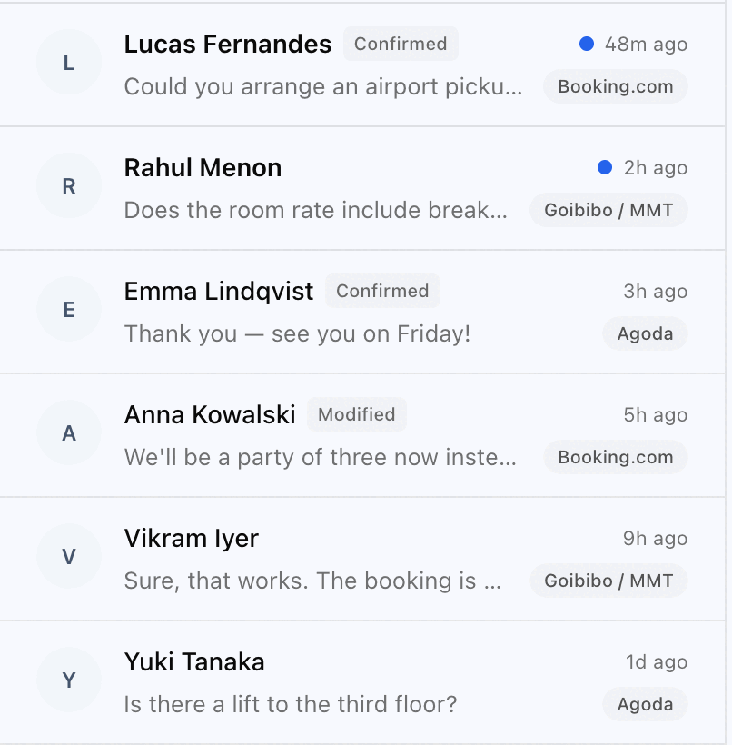 Close-up of inbox rows showing needs-reply dots, booking status pills and the OTA each message came from