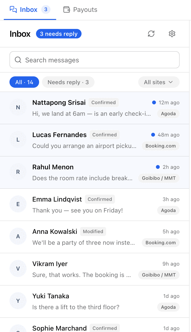Inbox tab showing guest messages from Agoda, Booking.com and Goibibo in one list
